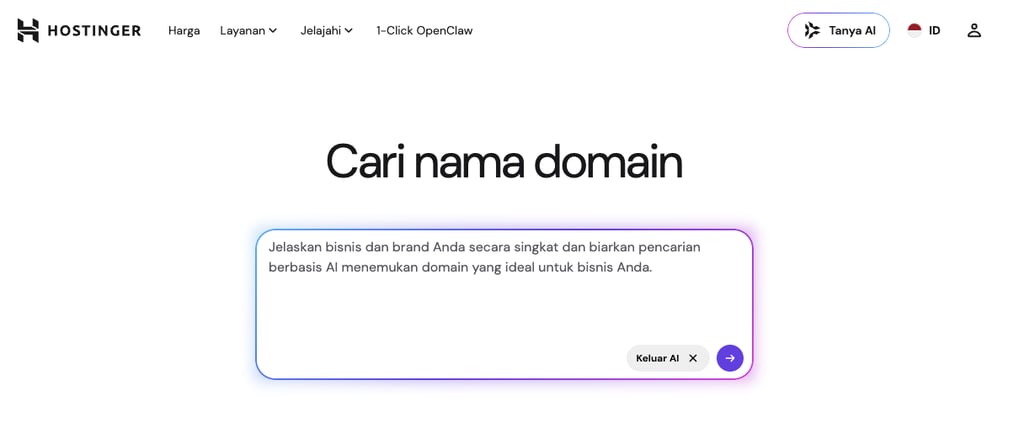 Bantuan AI di halaman pencarian domain Hostinger