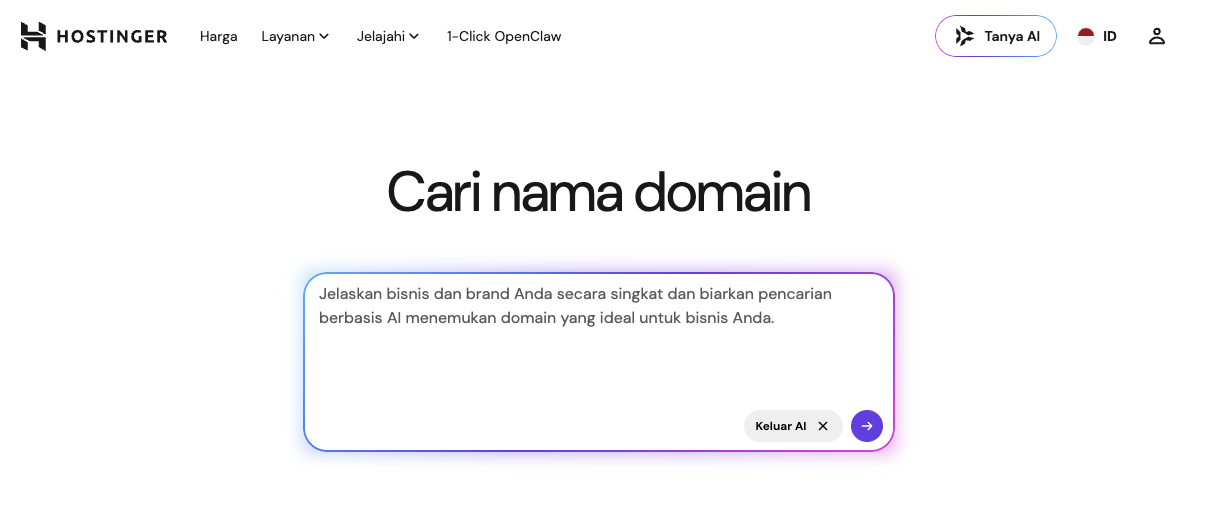 Bantuan AI di laman pencarian domain Hostinger