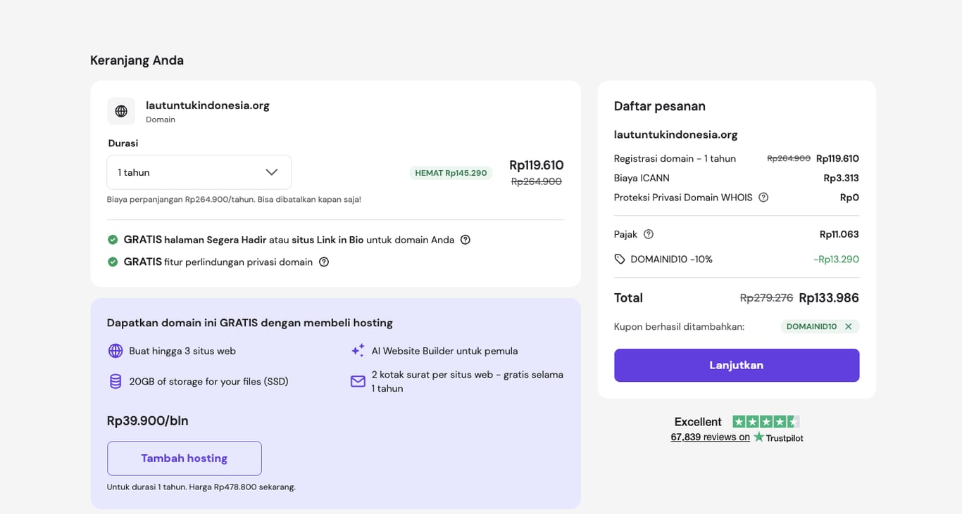 Cart pembelian domain .ORG Indonesia di website Hostinger