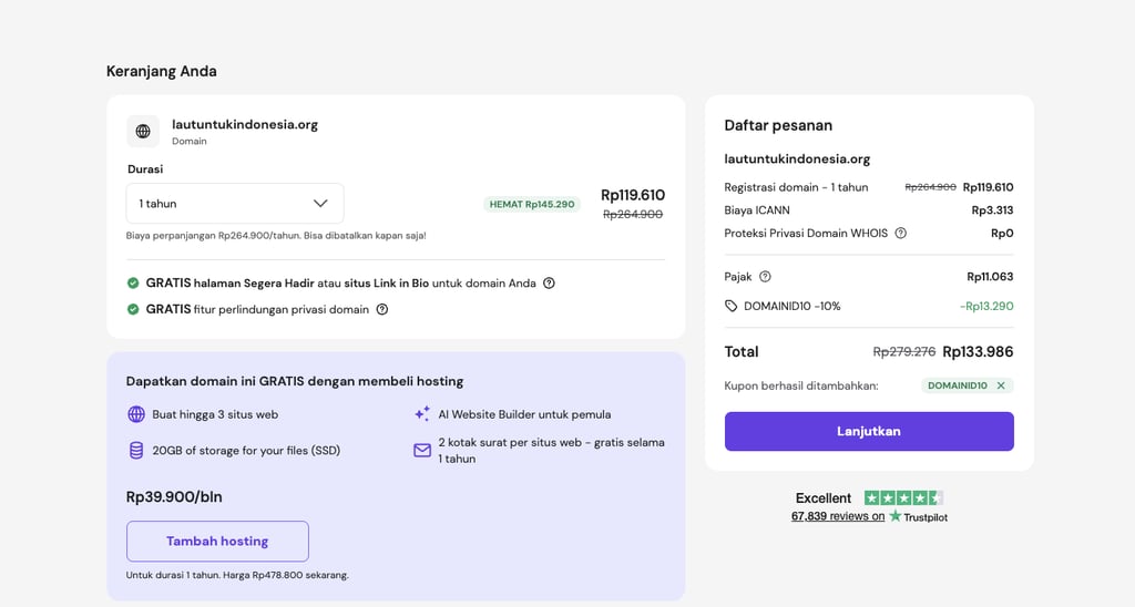Cart pembelian domain .ORG Indonesia di website Hostinger
