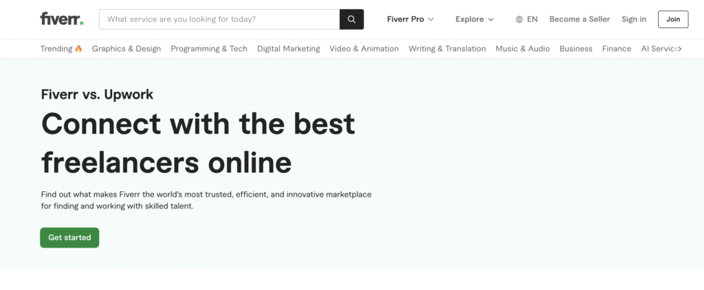 Beranda Fiverr yang mempromosikan jasa freelance online