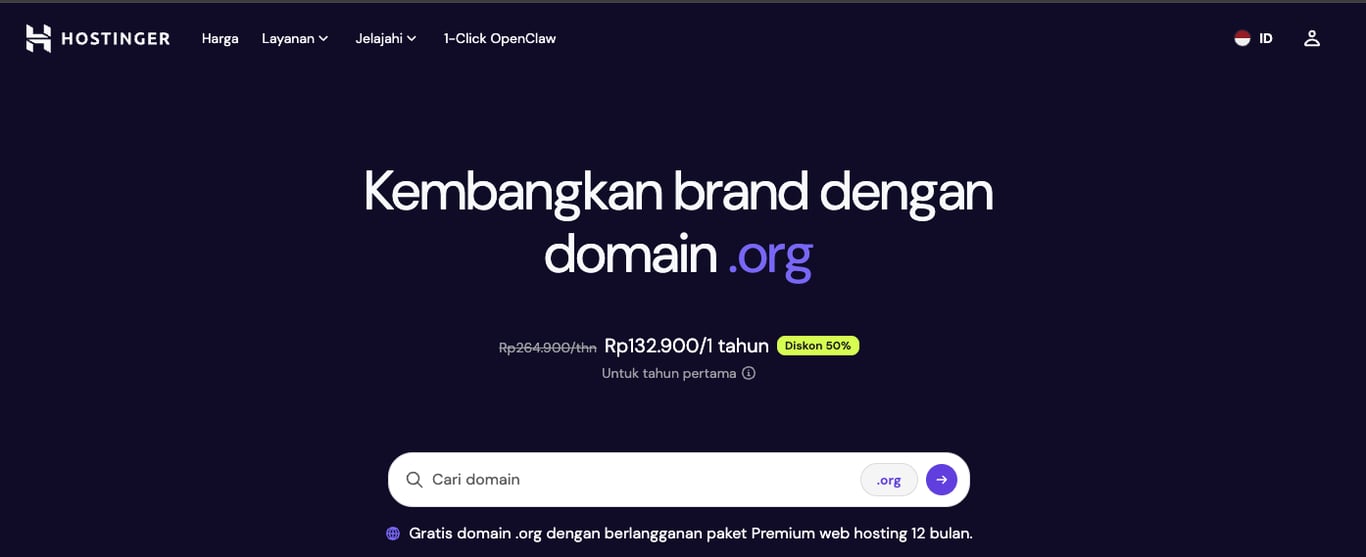 Halaman domain .ORG di website Hostinger Indonesia