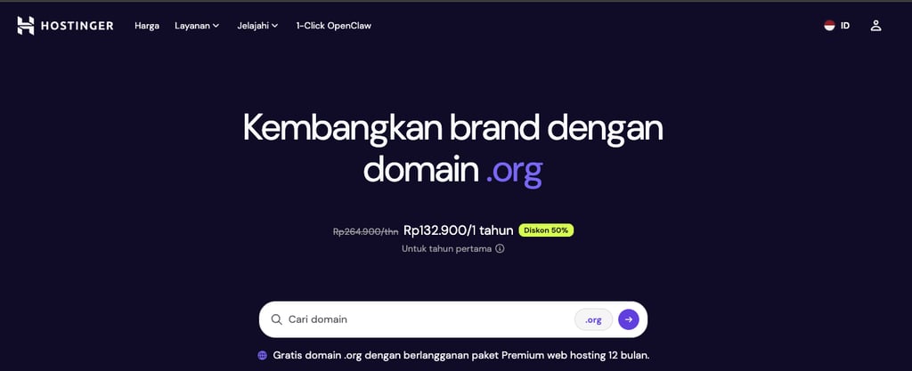 Halaman domain .ORG di website Hostinger Indonesia