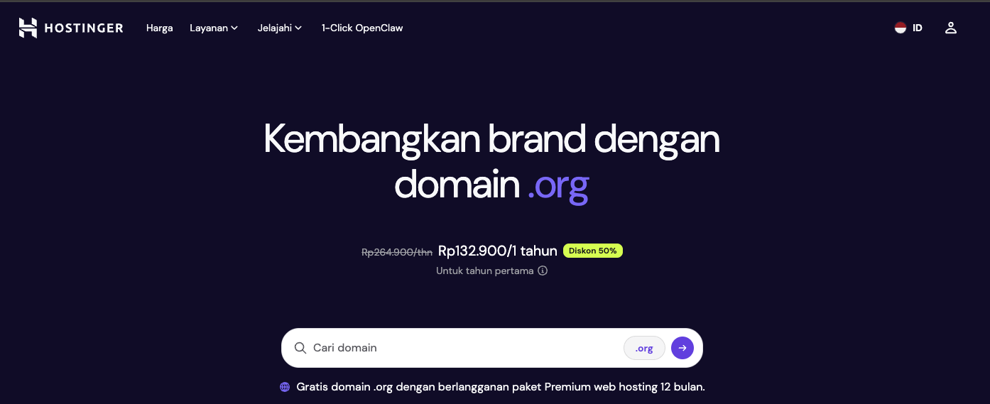 Halaman domain .ORG di website Hostinger Indonesia