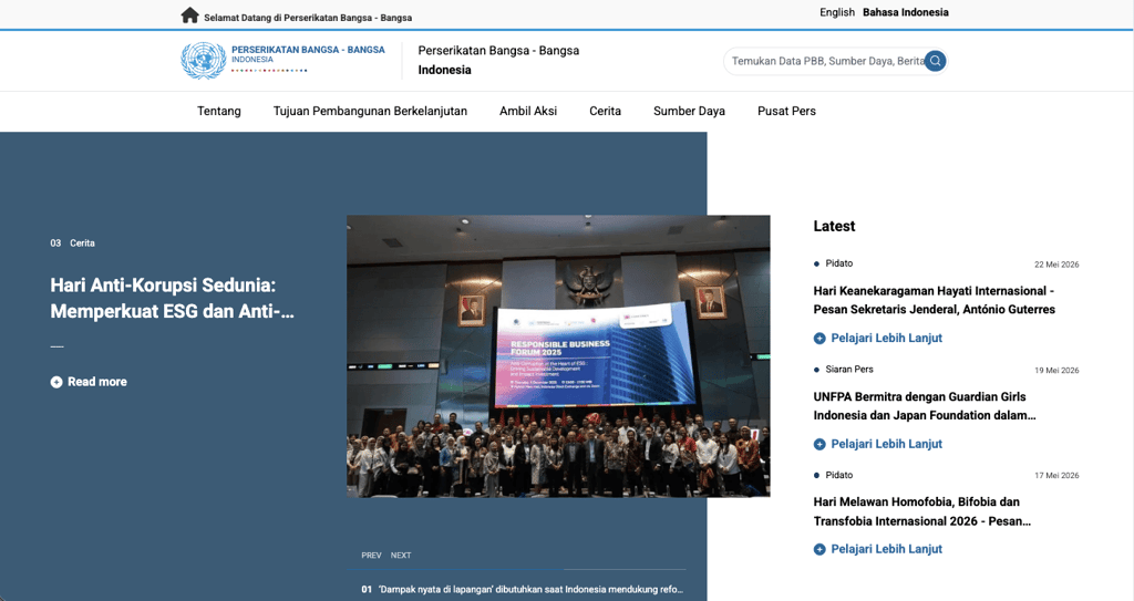 Homepage website PBB (United Nations) Indonesia yang menggunakan domain .ORG