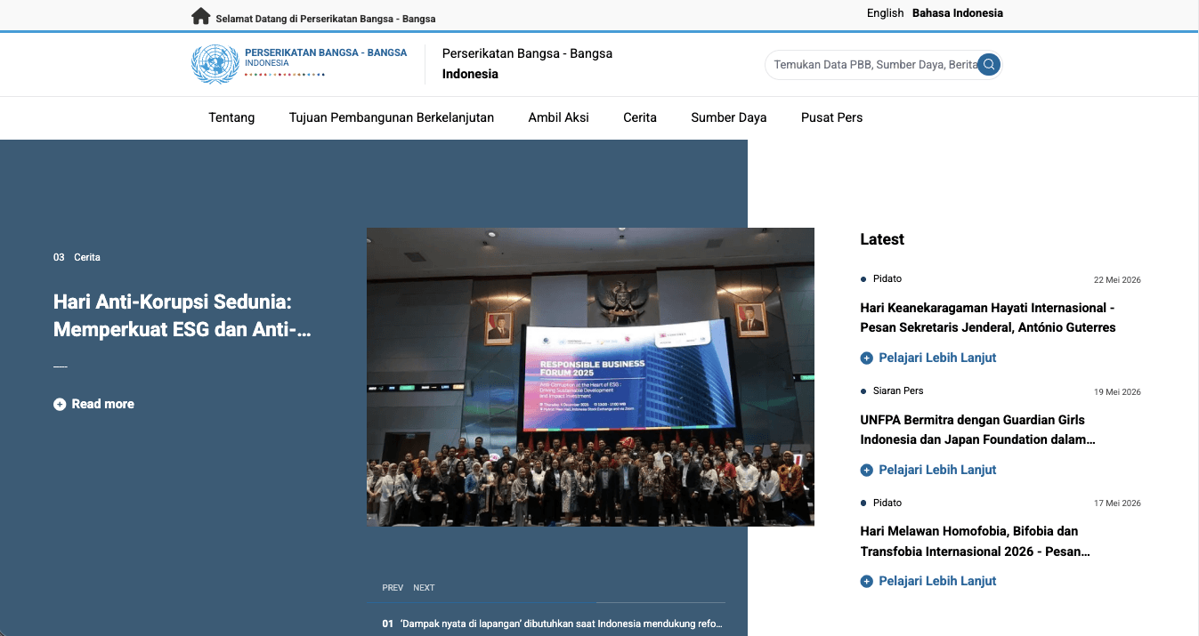 Homepage website PBB (United Nations) Indonesia yang menggunakan domain .ORG