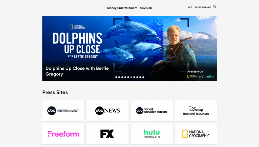 Homepage website Disney General Entertainment Press