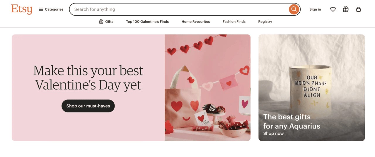 Homepage Etsy yang menampilkan buahpikiran hadiah