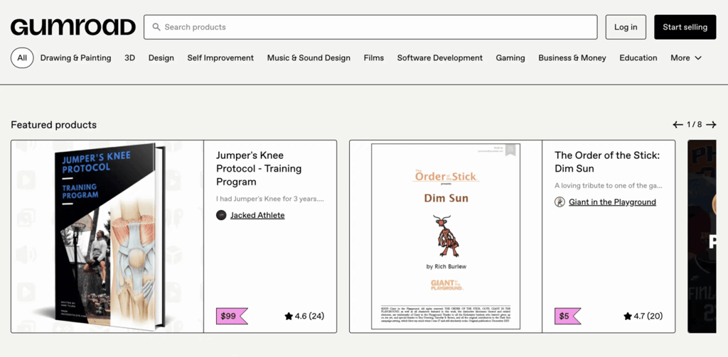 Homepage marketplace Gumroad yang menampilkan produk digital