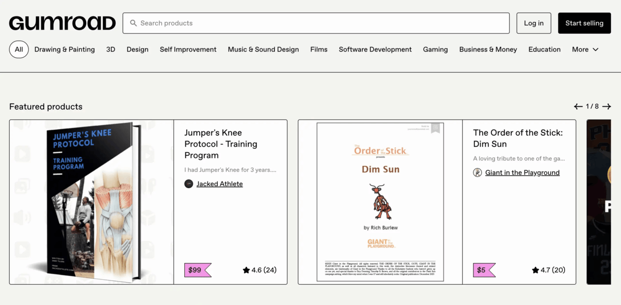 Homepage marketplace Gumroad yang menampilkan produk digital