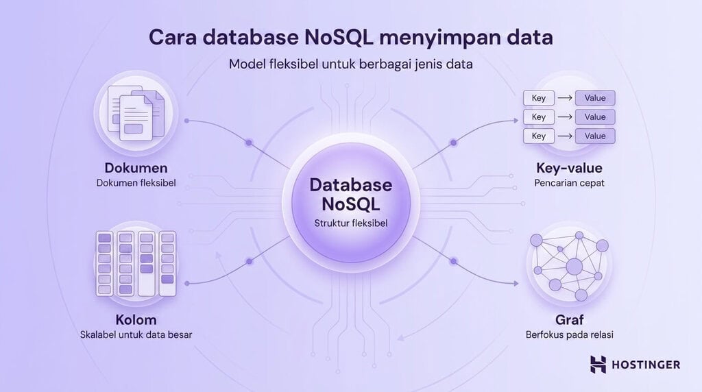 Diagram model penyimpanan database NoSQL yang mencakup dokumen, kolom, kunci-nilai, dan graf untuk beragam jenis informasi dan kebutuhan sistem.