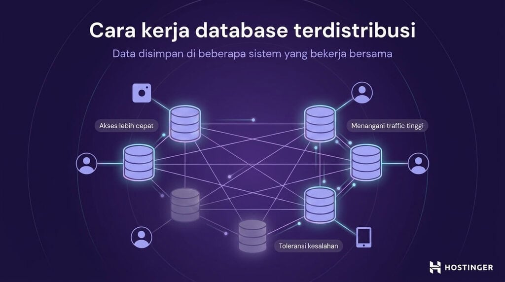 Diagram database terdistribusi yang menyimpan data di beberapa sistem untuk mempercepat akses, meningkatkan toleransi terhadap kegagalan, dan menangani traffic tinggi.