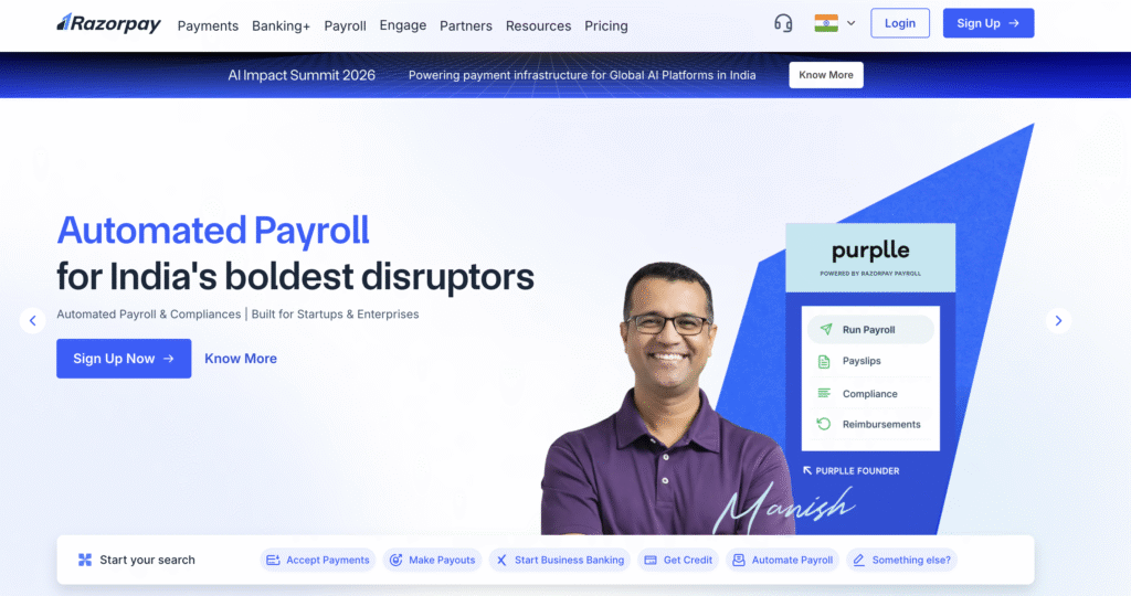 Homepage of Razorpay featuring automated payroll solutions for businesses in India, emphasizing ease of compliance and startup support.