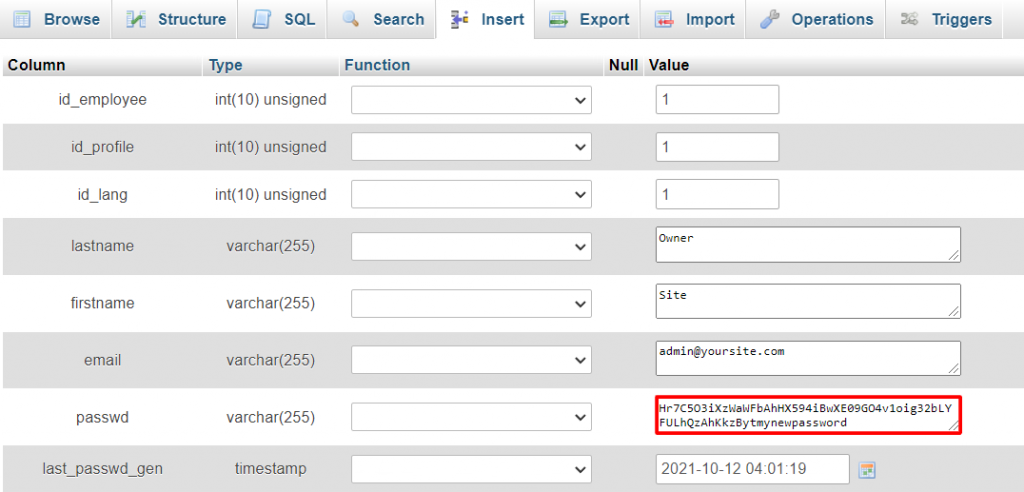 Sección para modificar la contraseña en phpMyAdmin