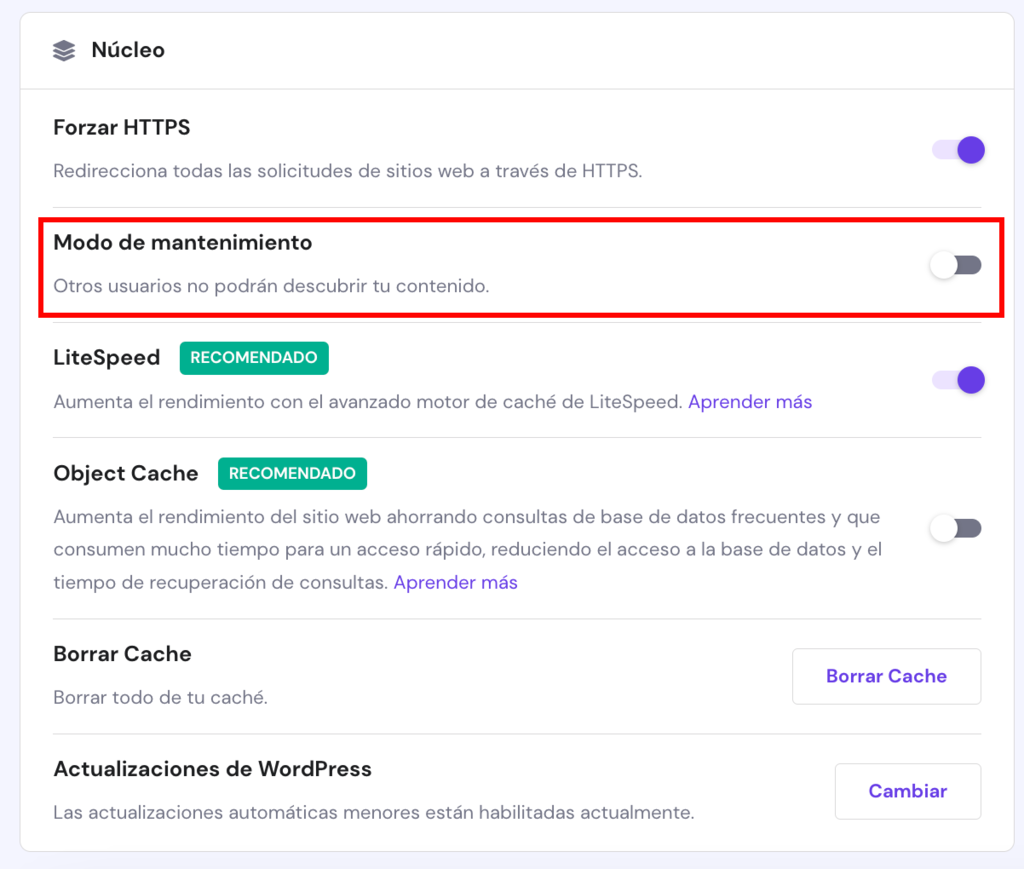 Página general de WordPress en hPanel. El botón para el modo de mantenimiento está resaltado