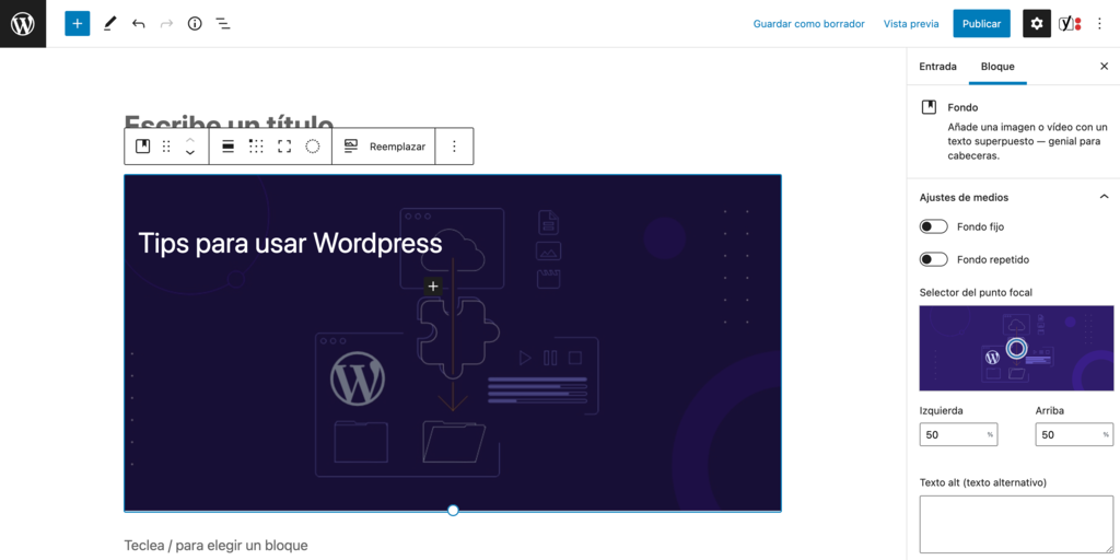 Elegir una imagen para el bloque Fondo en WordPress.