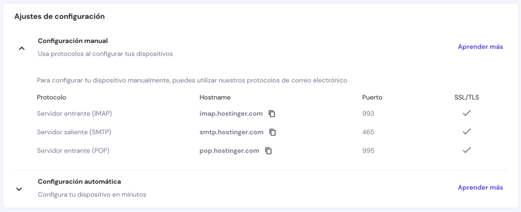 La p&aacute;gina de configuraci&oacute;n del correo electr&oacute;nico en hPanel