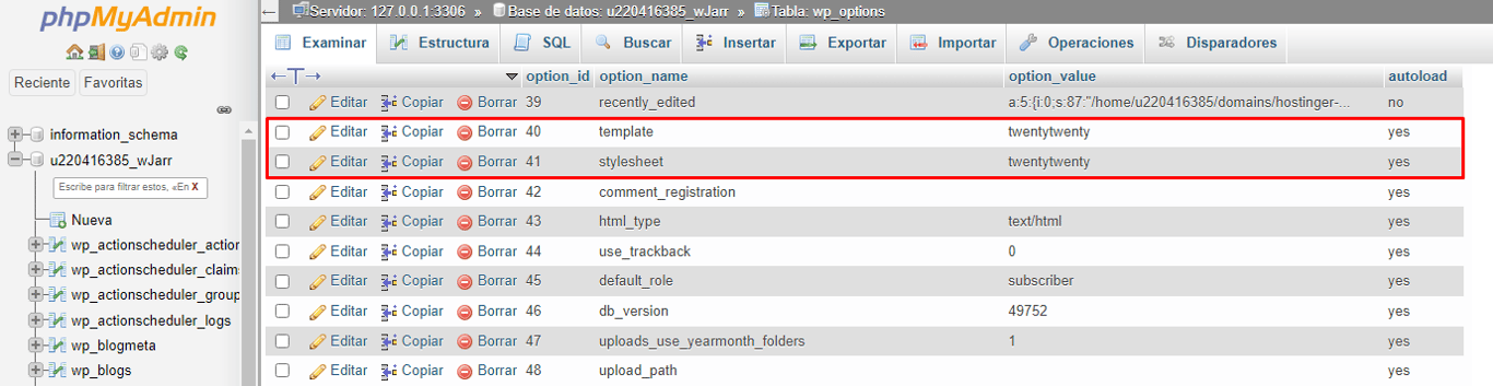Renombrar temas en phpMyAdmin