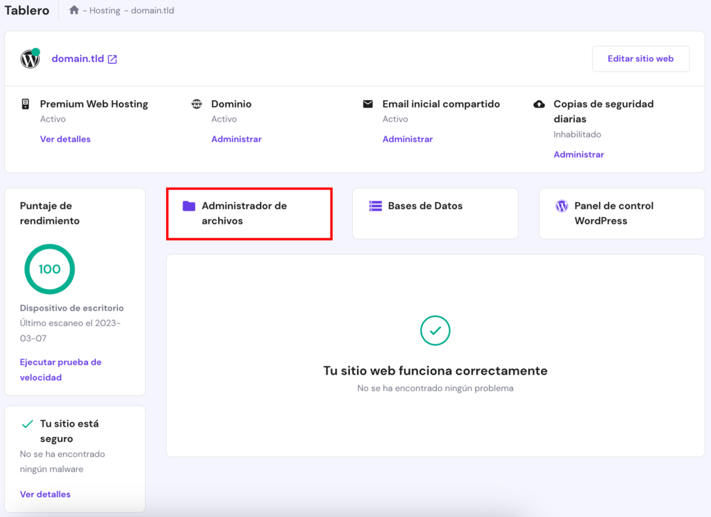 La página Dashboard en hPanel. El botón Administrador de archivos está resaltado