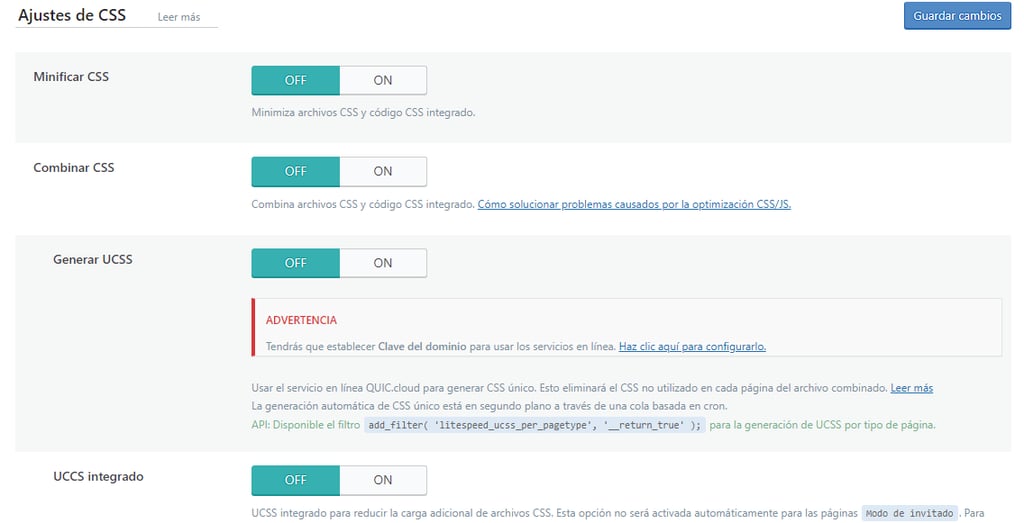 Página de ajustes de CSS