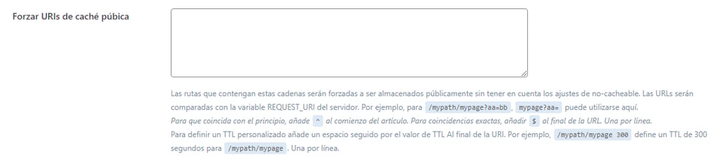 Página de configuración de Caché de LiteSpeed, sección Forzar URIs de caché pública