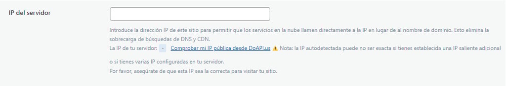 Ajustes generales de LiteSpeed Cache, sección IP del servidor