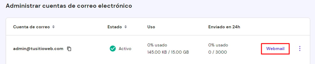 Sección Administrar cuentas de correo electrónico de hPanel