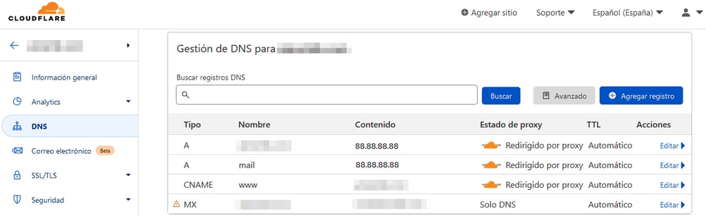 DNS en CloudFlare