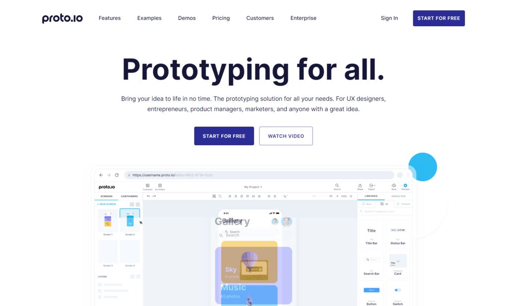 P&aacute;gina de inicio de Proto.io