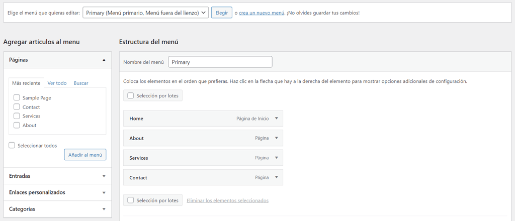 Sección de estructura del menú en WP