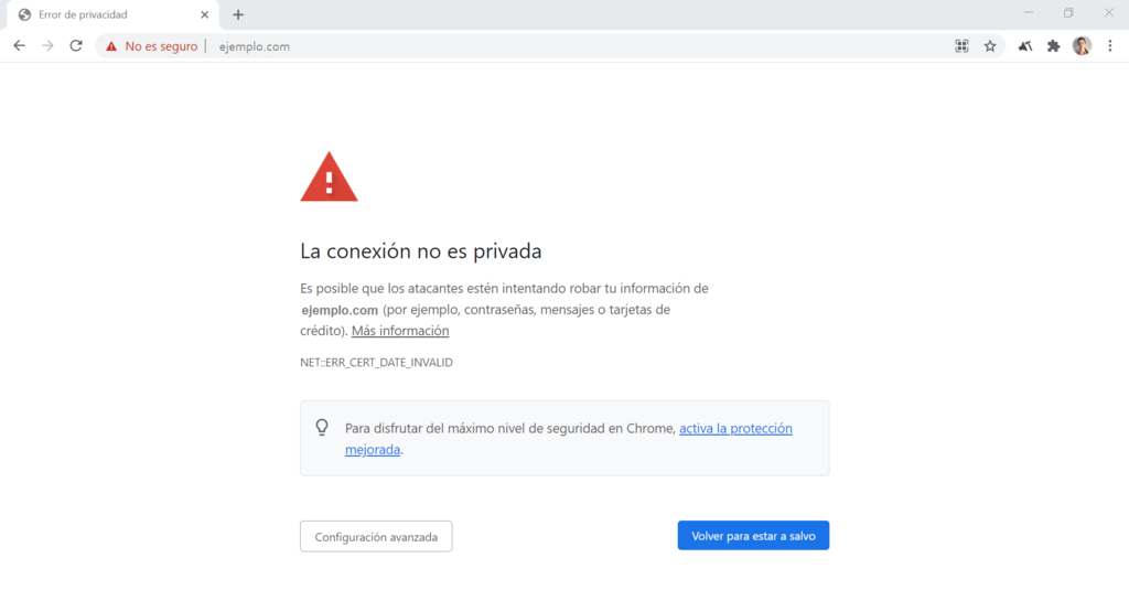 Ejemplo de la advertencia cuando la página no es segura