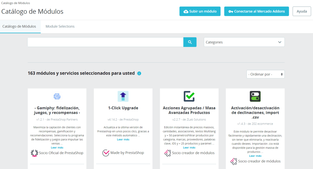 Sección Catálogo de Módulos de PrestaShop