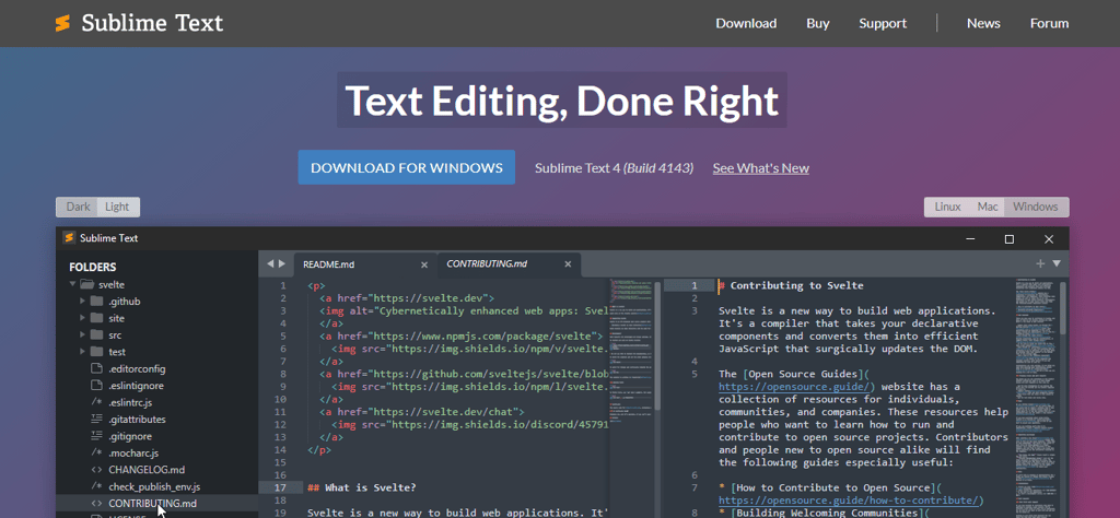 Página de inicio de la herramienta de programación Sublime Text