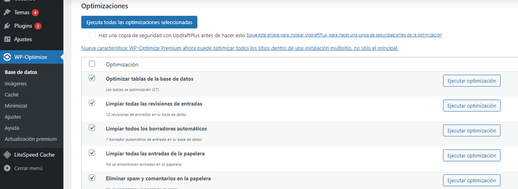 Secci&oacute;n Optimizaciones en WP Optimize
