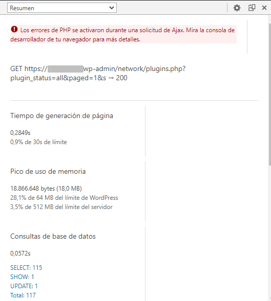 Secci&oacute;n Resumen en el plugin Query Monitor