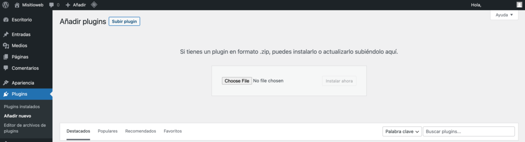 Una captura de pantalla del panel de control de WordPress que muestra dónde subir tu plugin