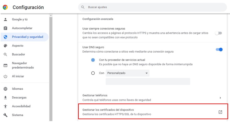 Visualización de la opción de gestionar los certificados del dispositivo 