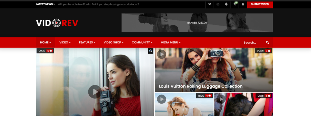 Página del tema de WordPress VideoRev