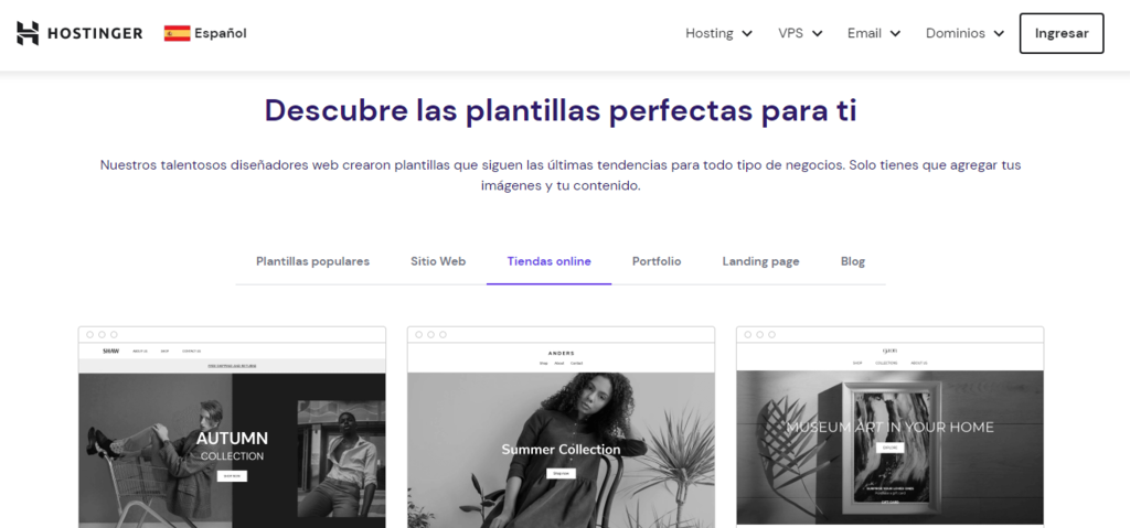 Plantillas del creador de p&aacute;ginas web de Hostinger