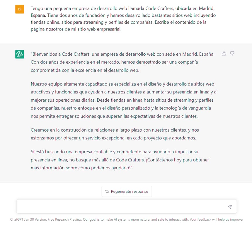 Ejemplo de contenido creado por ChatGTP para una página web