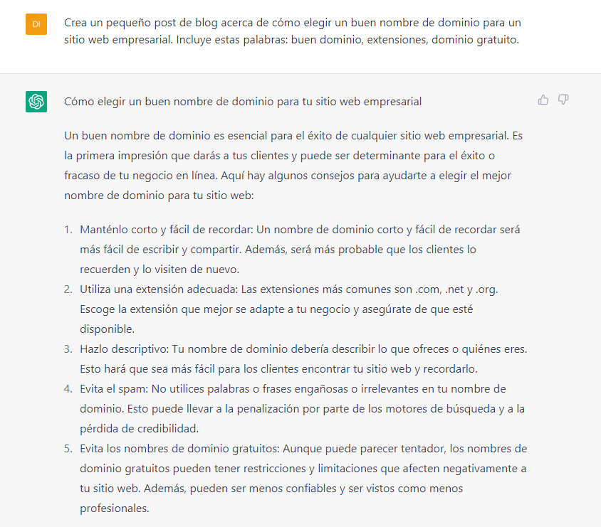 Ejemplo de contenido creado por ChatGTP para una página web