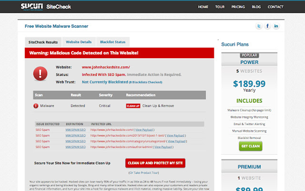 Página web de Sucuri Site Check