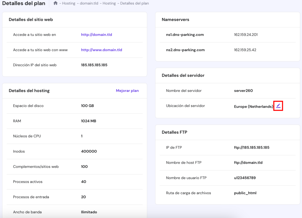 La p&aacute;gina de detalles del Plan en hPanel