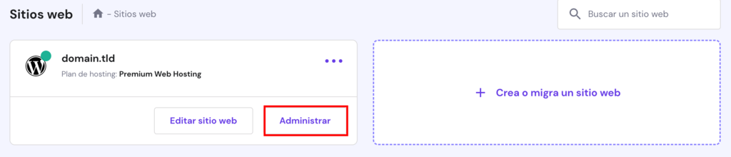 La p&aacute;gina de Sitios Web en hPanel. El bot&oacute;n Administrar est&aacute; resaltado