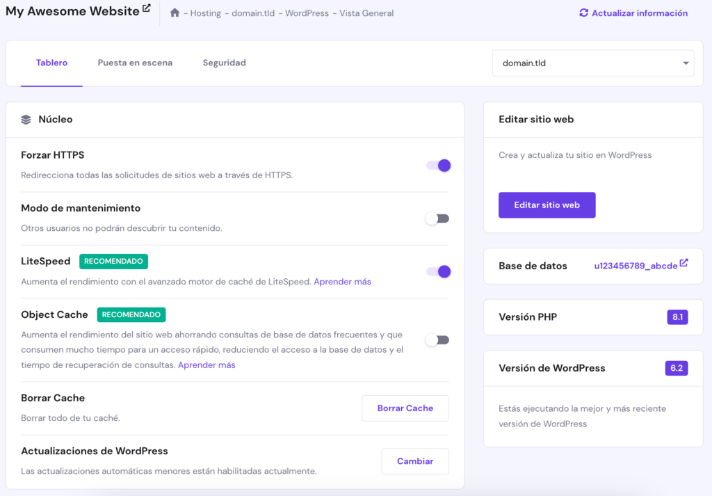 La p&aacute;gina general de WordPress en hPanel