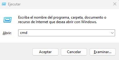 Visualización del cuadro Ejecutar para abrir el Símbolo del sistema