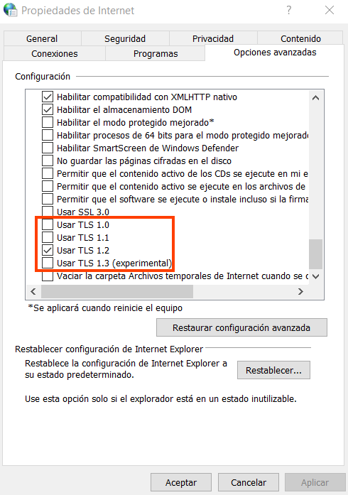 Propiedades de internet de Windows
