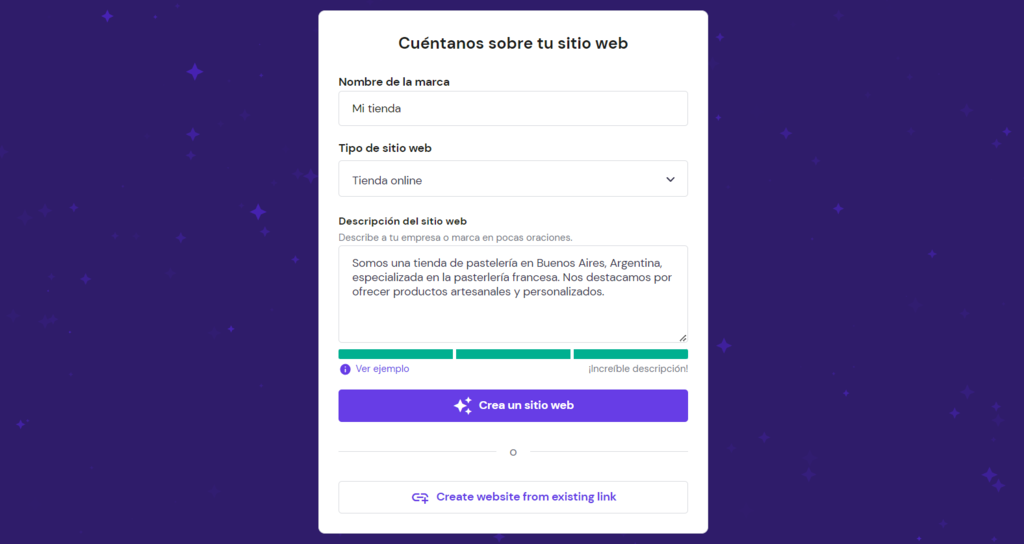 Ejemplo de c&oacute;mo empezar a crear un sitio con el creador de Hostinger.