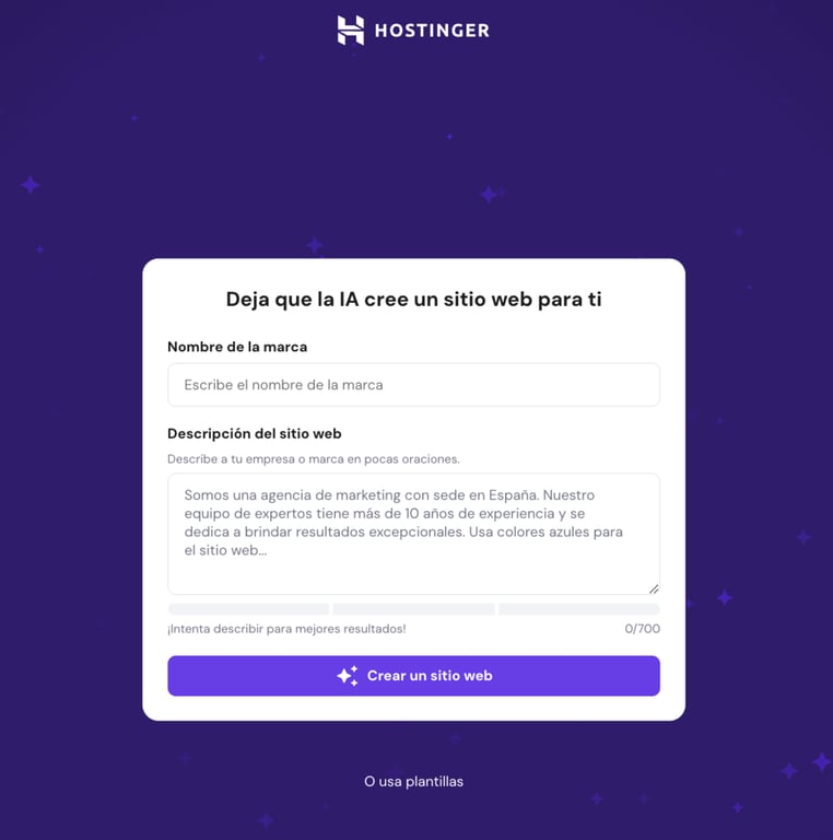 Asistente de creación web de hPanel