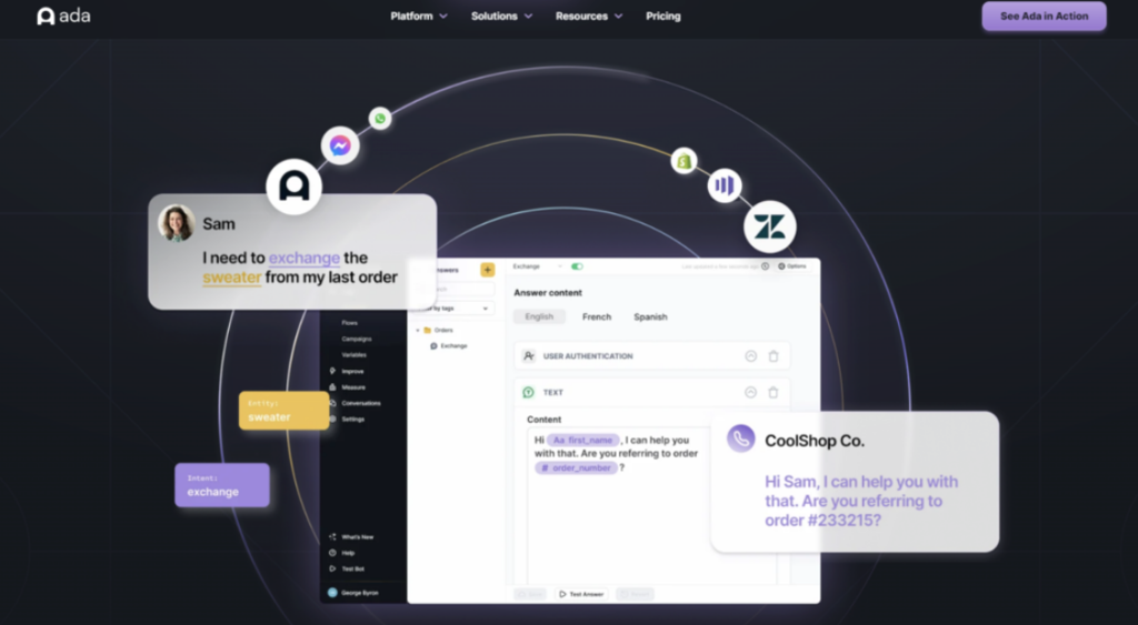 Página de inicio del chatbot de inteligencia artificial Ada